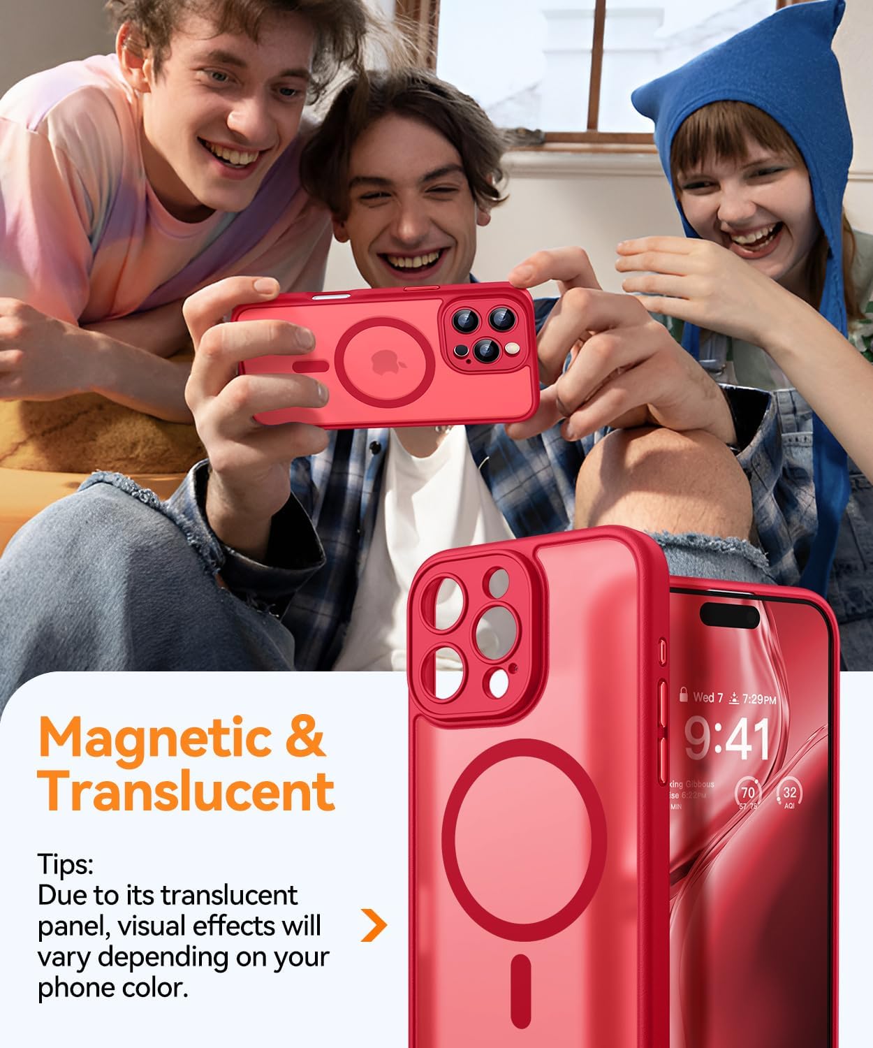 Thumbnail 2 de CANSHN Coque Magnétique pour iPhone 16 Pro (6,3 pouces) – Protection complète de l’appareil photo et finition translucide rouge