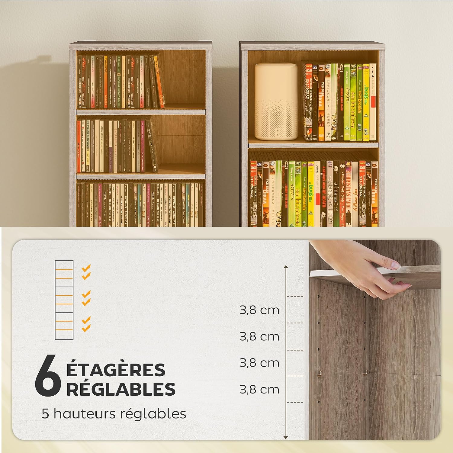 Detalle de HOMCOM meuble de rangement CD/DVD avec étagères réglables (jusqu’à 260 CD / 120 DVD), 33 x 24 x 140 cm