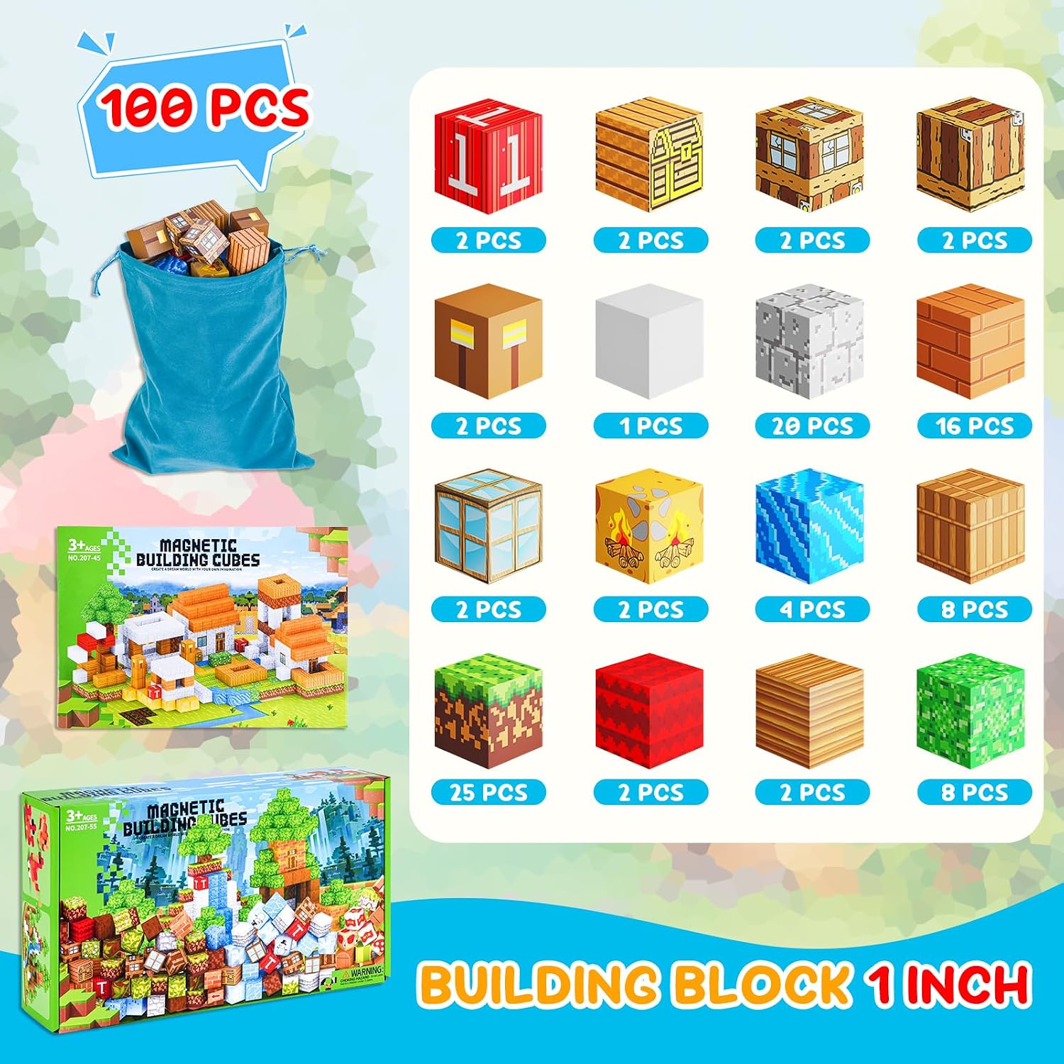Detalle de Jooyflares 100PCS Magnetic Blocks: Pixel Village Builder for Creative STEM Play