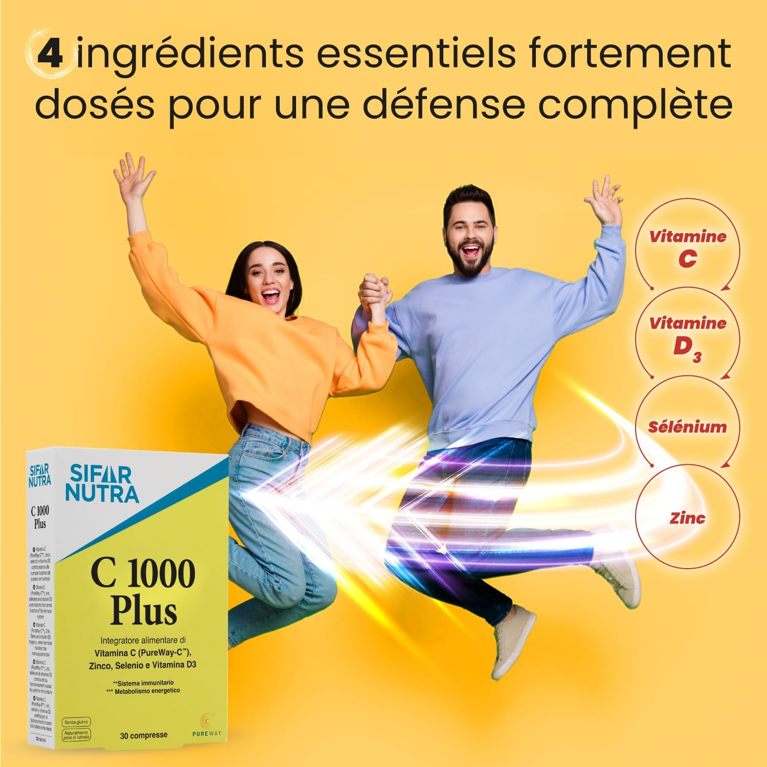 Detalle de Sifar Nutra C 1000 Plus : Vitamine C PureWay-C, D3, Zinc et Sélénium – 30 comprimés