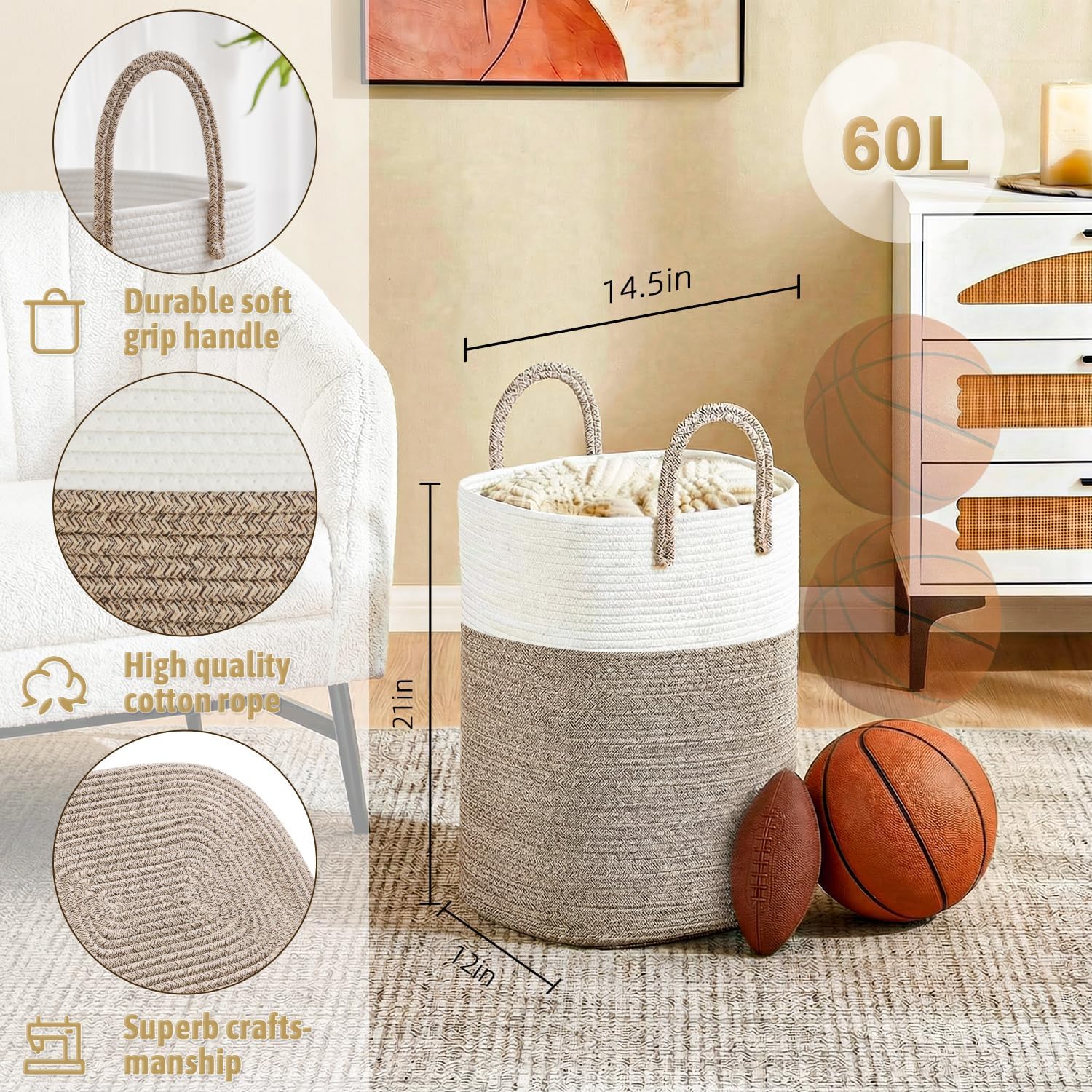 Detalle 2 de Artfeel 60L Cotton Rope Laundry Basket, Machine Washable with Reinforced Handles