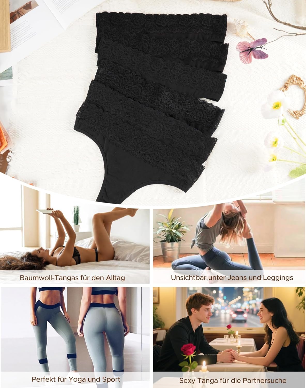Thumbnail 4 de INNERSY 6er Pack String Tanga Damen mit Spitze aus Stretch-Baumwolle (Hipster)