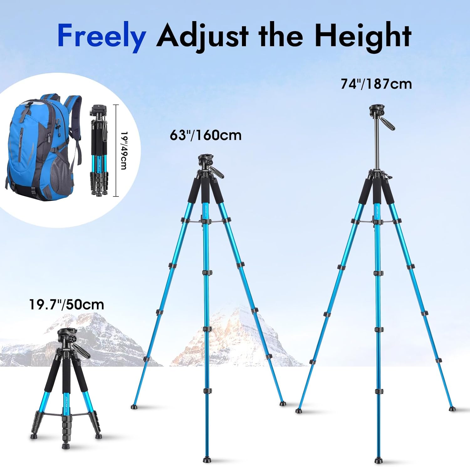 Detalle de JOILCAN 74" Camera Tripod with Detachable Head and Universal Phone Mount – Lightweight Aluminium, Blue