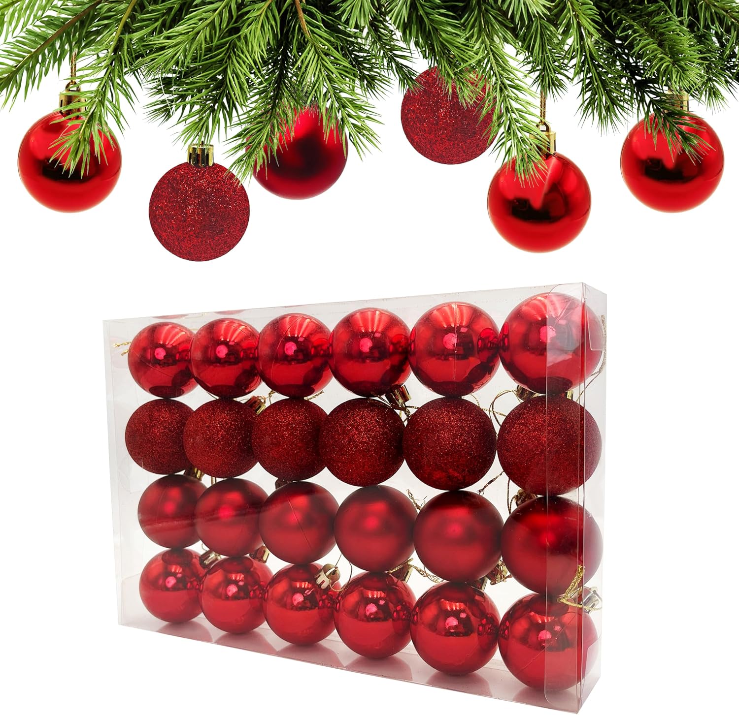 Detalle de AiTodos 24-Pack Red Christmas Baubles, 50mm Shatterproof, Three Finishes