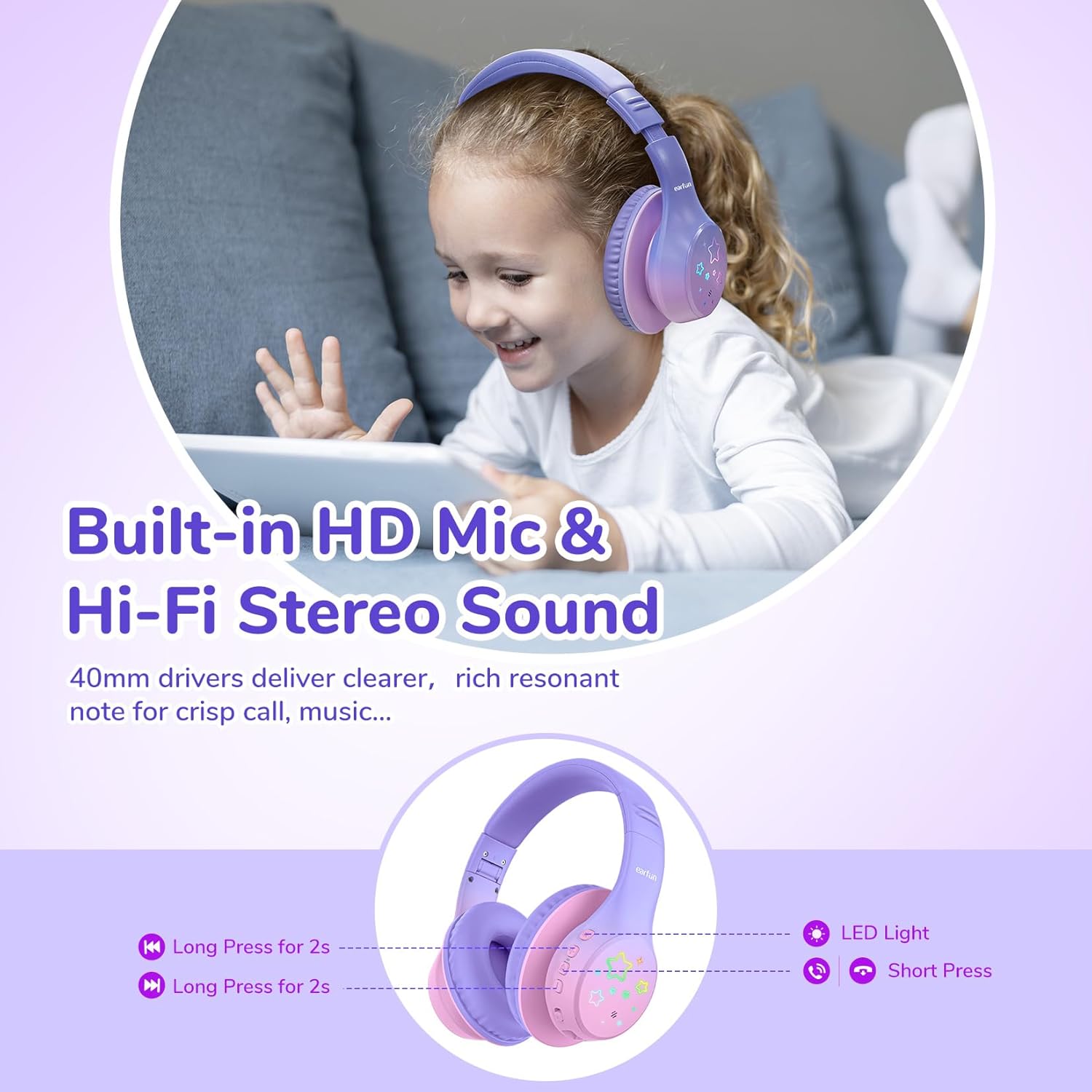Thumbnail 3 de EarFun Kids Bluetooth Headphones (Pink) with LED lights, safe volume limit and 90H playtime