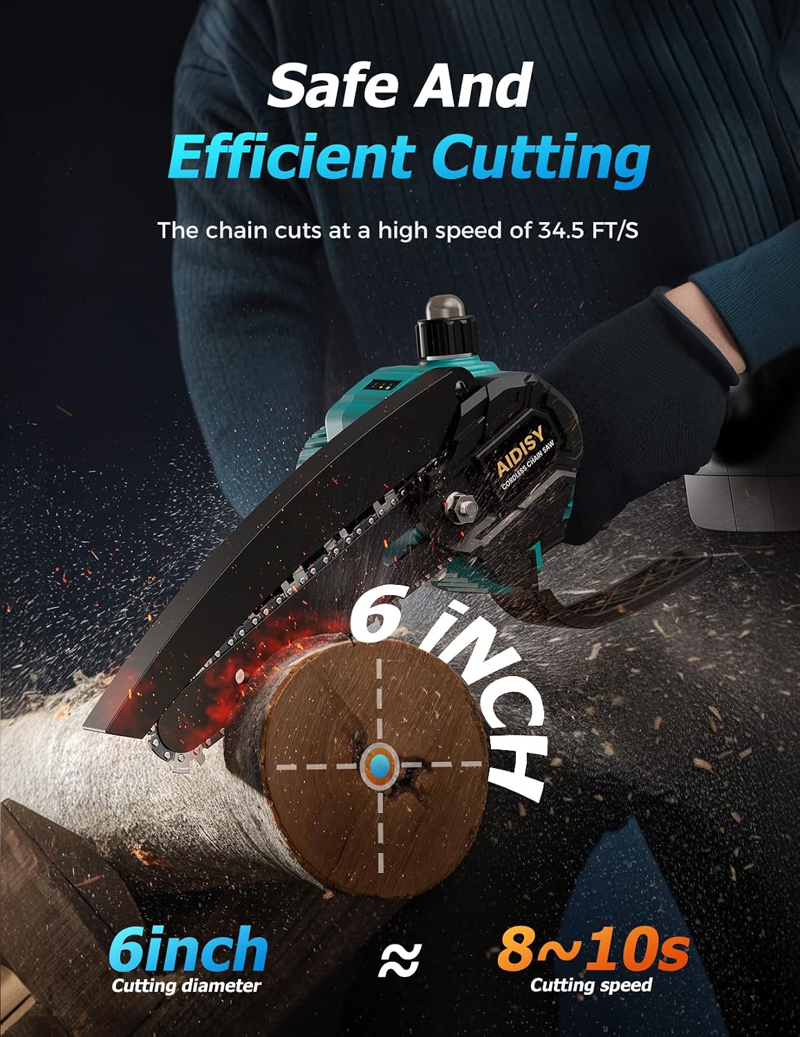 Detalle de Mioduro 6 Inch Cordless Mini Chainsaw 21V with 2x4000mAh Batteries