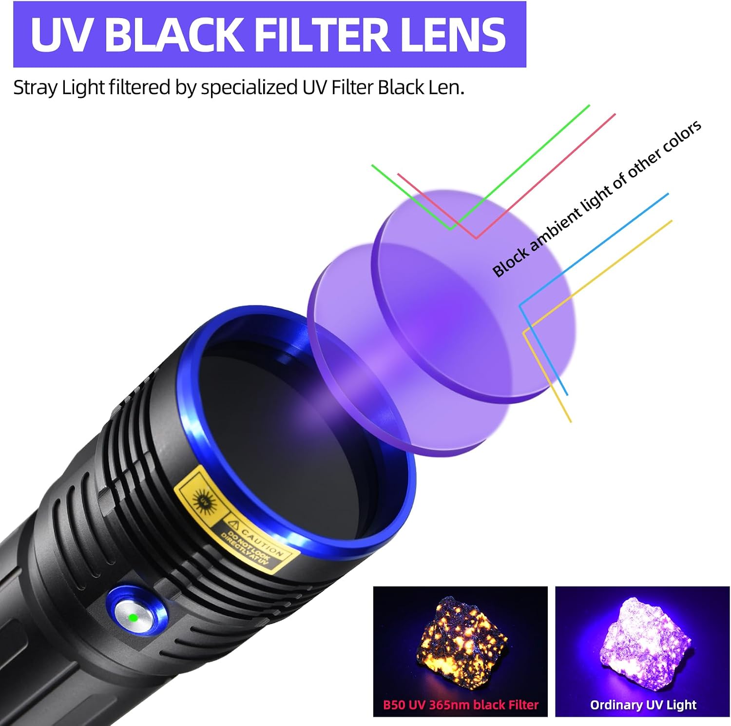 Detalle de DARKBEAM B50-365nm UV-ficklampa 365 nm med USB-C och fyra LED-lampor