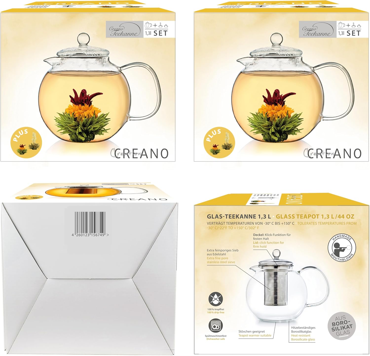 Thumbnail 6 de Creano 052 glazen theepotset 1,3 l met uitneembaar RVS-filter en 2 theebloemen
