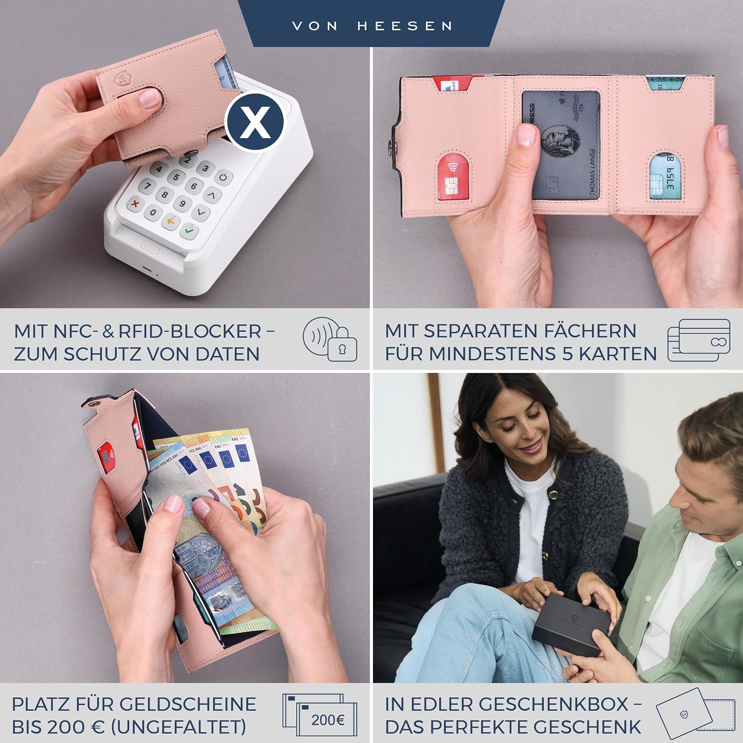 Thumbnail 1 de VON HEESEN Slim Wallet mit XL Münzfach und RFID-Schutz – Nappa-Leder Kartenetui Rose