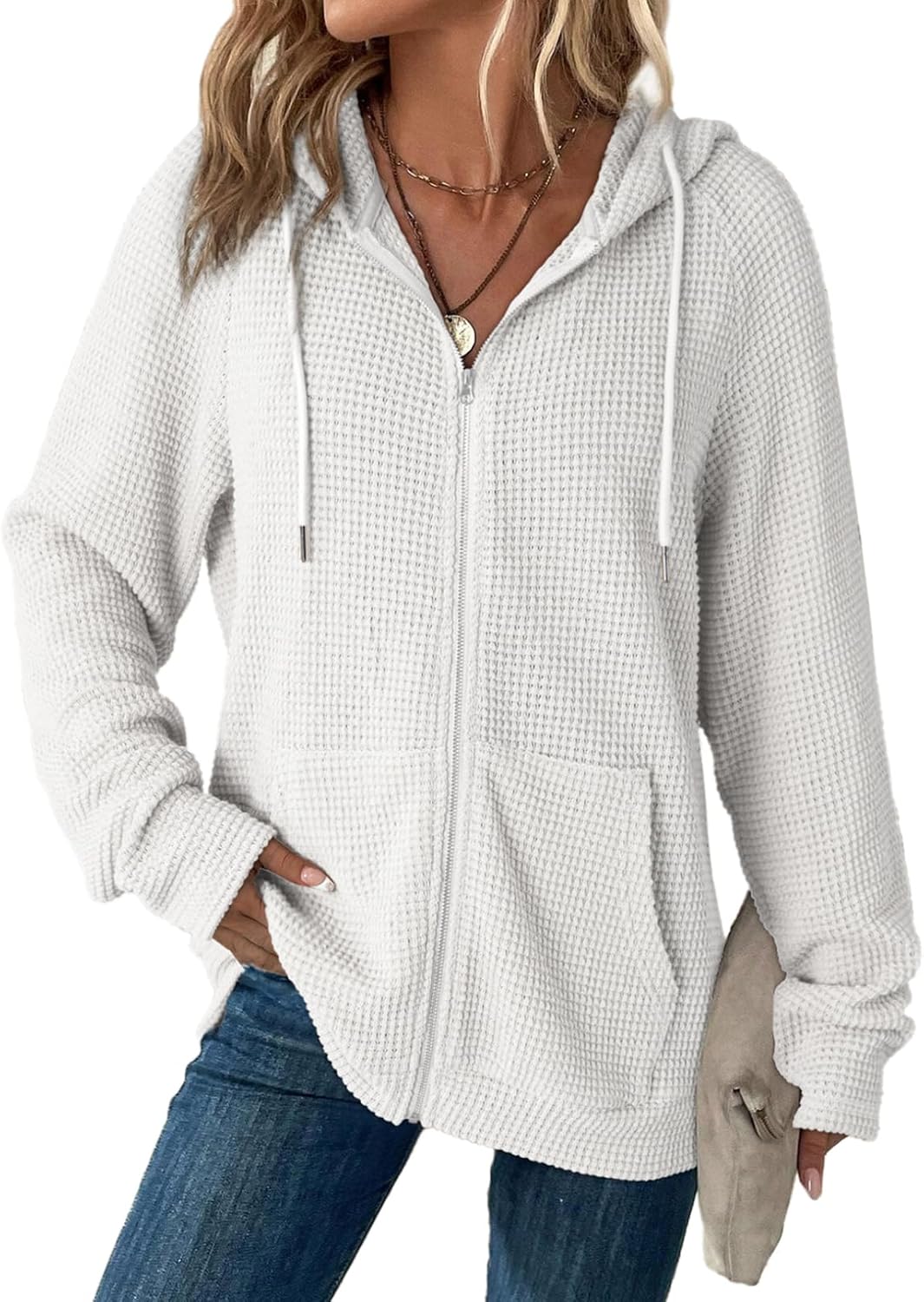 Detalle de Dokotoo Women's Full Zip Up Hoodies in Waffle Knit – Long Sleeve Drawstring Casual Sweatshirt