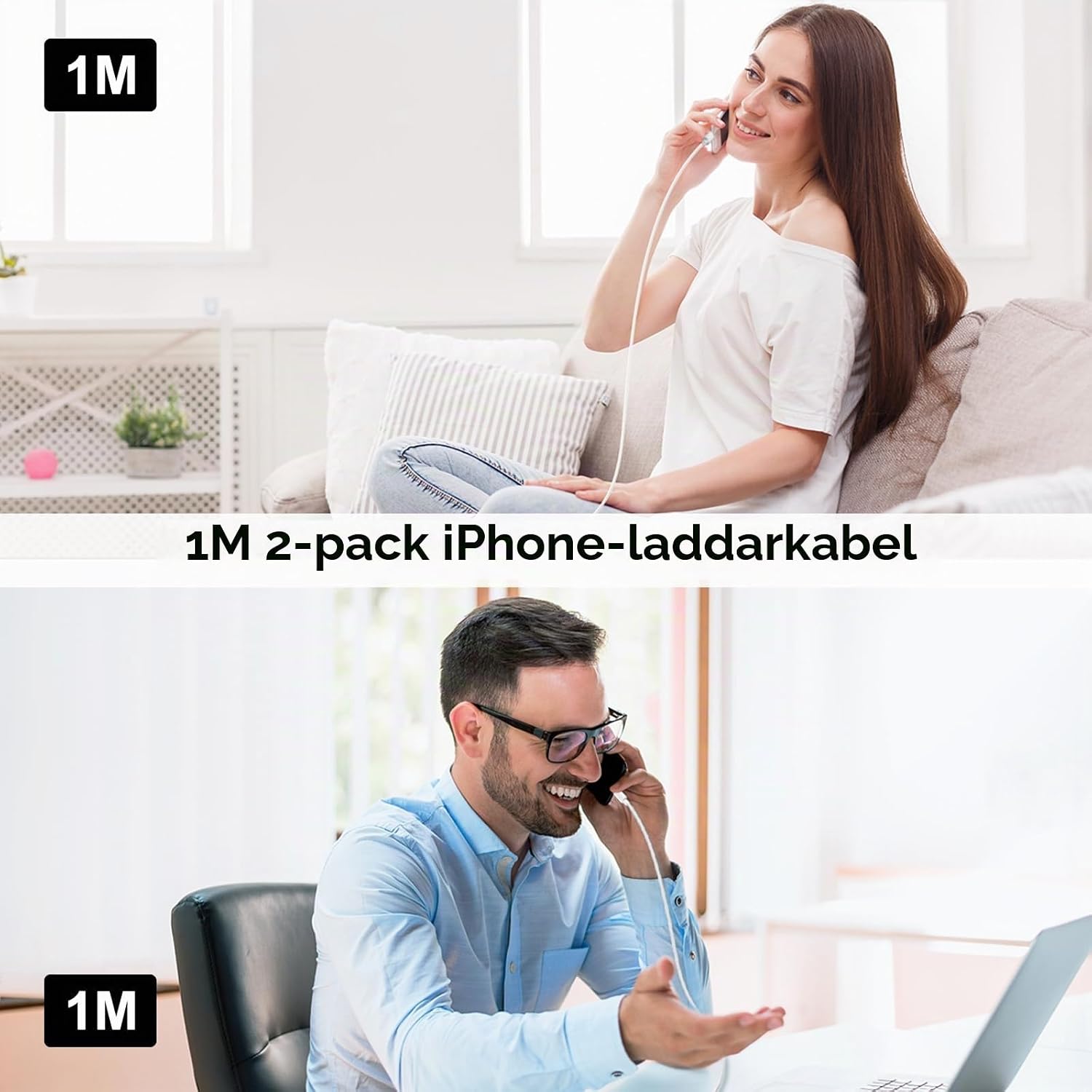 Detalle de Bamkey iPhone Lightning-kabel, 2-pack med 1 m längd och MFi-certifiering