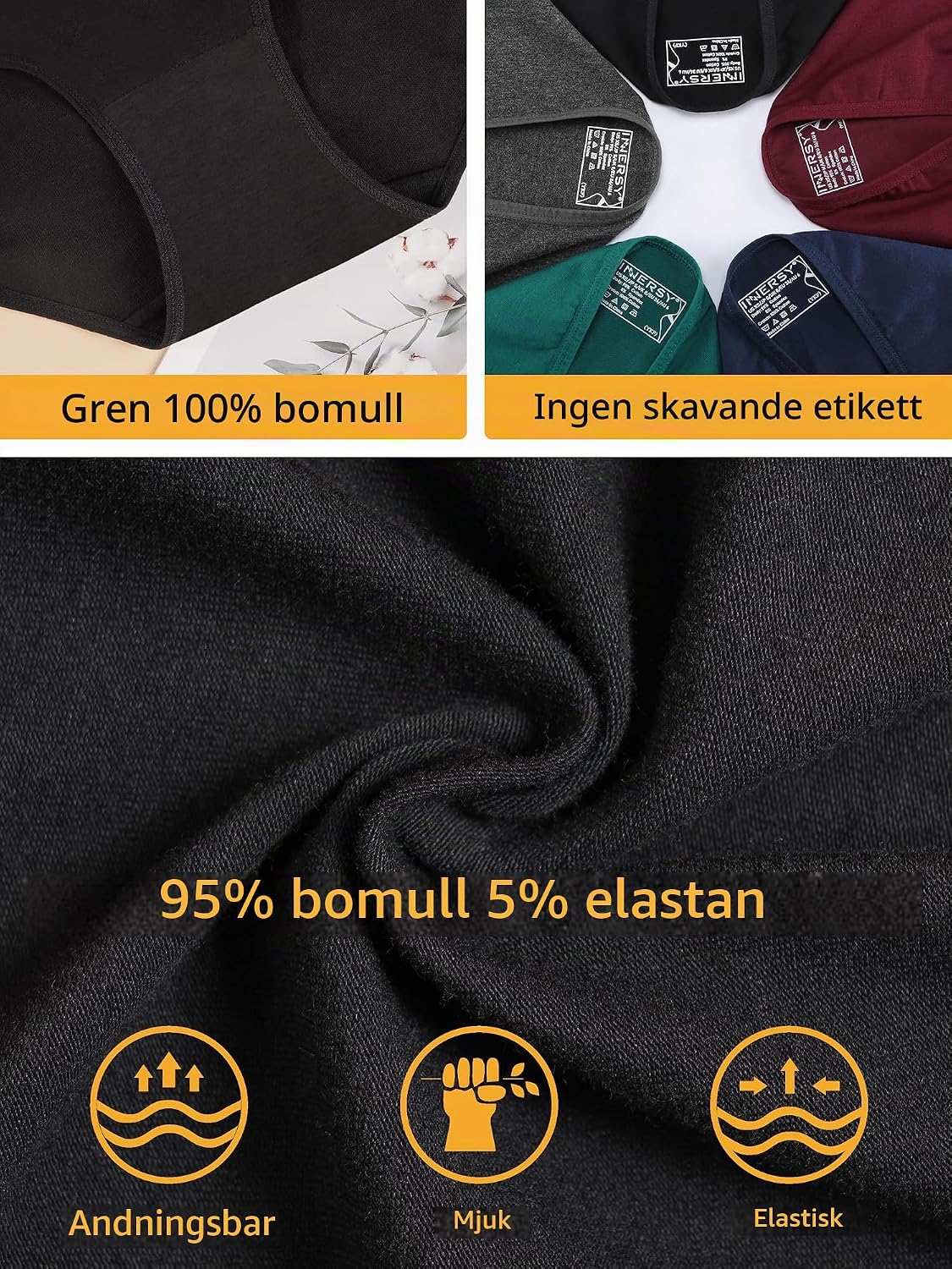 Detalle 2 de INNERSY hipstertrosor för dam, låg midja i bomull, 6-pack