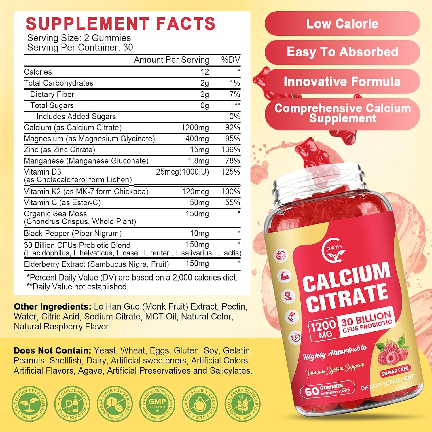 Thumbnail 1 de GORNVB Calcium Citrate Gummies, 1200 mg, Sugar-Free Raspberry, 2-Pack