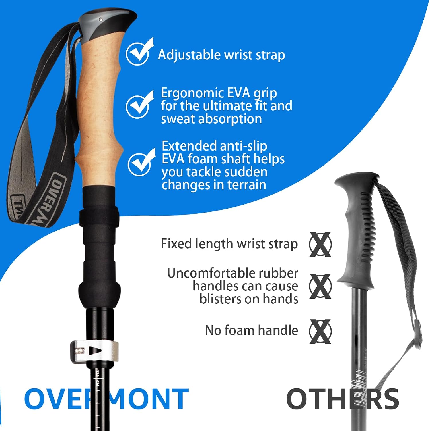 Detalle de Overmont Bastoni da trekking pieghevoli in alluminio 105-125 cm – 1 paio con accessori per tutto il terrain