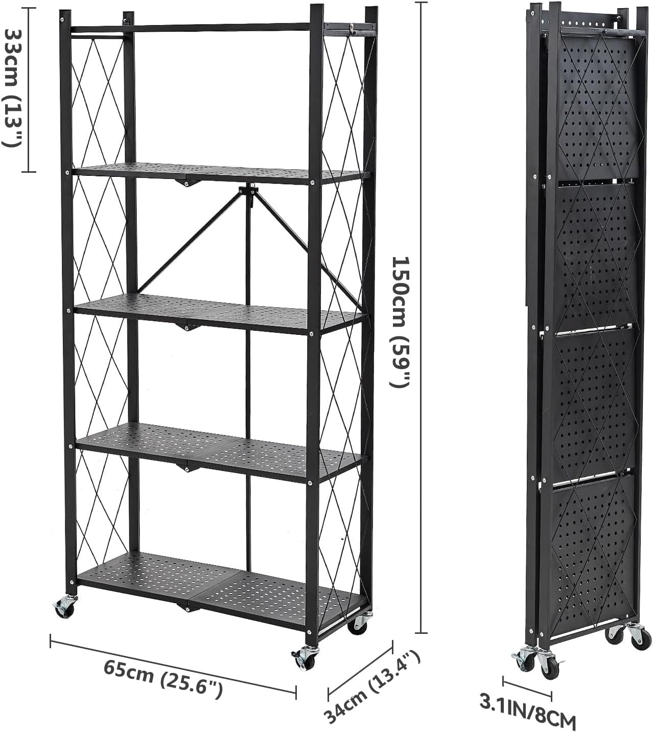 Detalle de STOMDE SR5T001 5-Tier Folding Metal Storage Shelf with Wheels