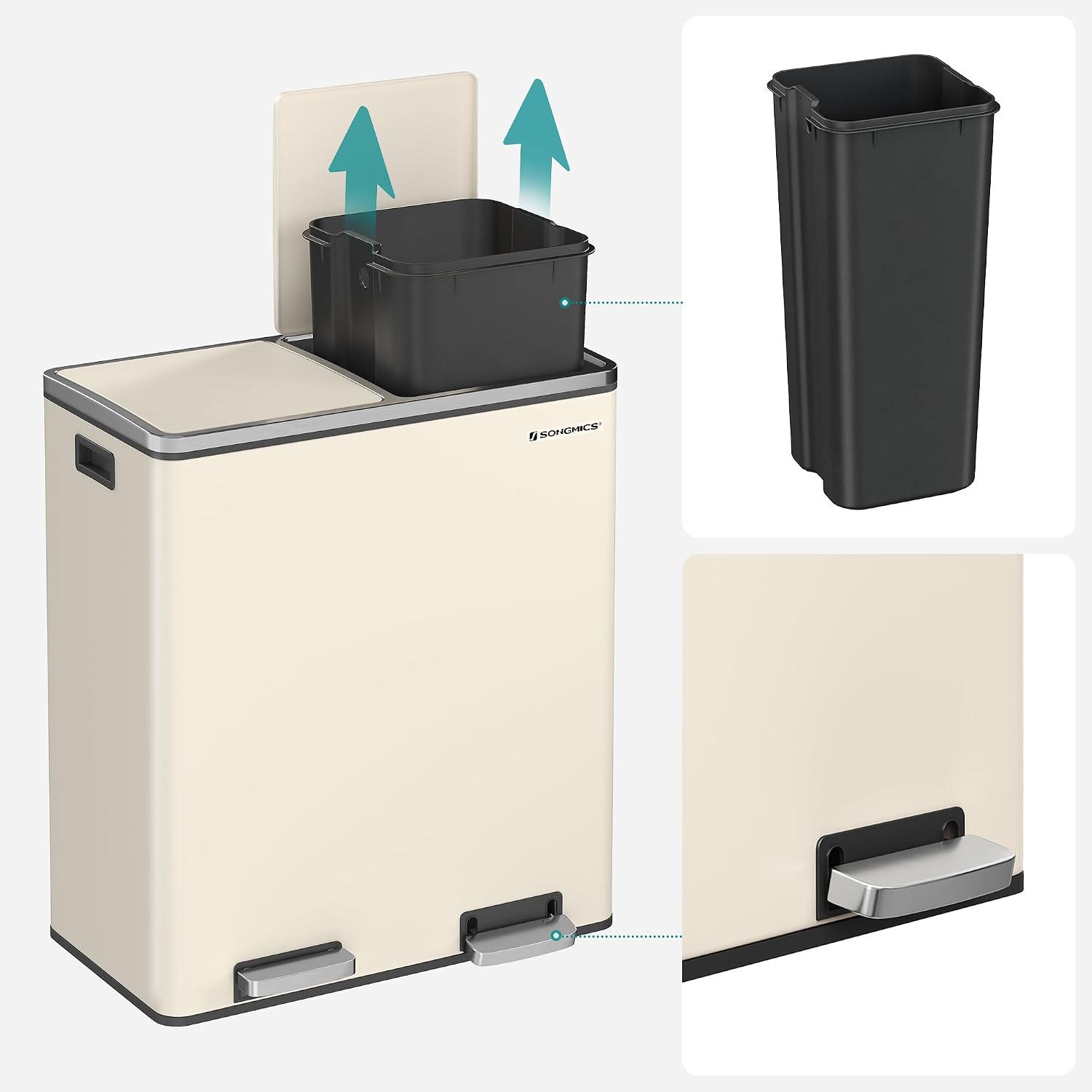 Detalle 2 de SONGMICS Mülleimer 2x30 L – 2 Fächer, Mülltrennsystem, Treteimer mit Softclose und 15 Müllsäcken (Mandelfarben, LTB060A01)