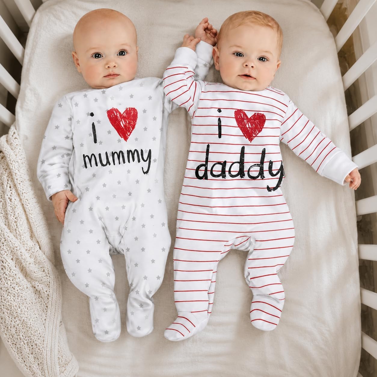 Thumbnail 5 de Lullaby Layers Unisex Baby Sleepsuits 2 Pack – I Love Mummy & Daddy Cotton Footed Rompers