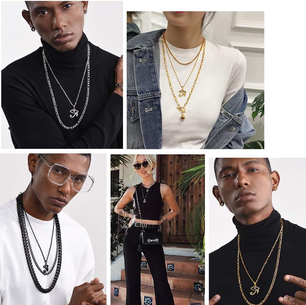 Thumbnail 3 de Collier homme PROSTEEL Œil d’Horus avec strass, chaîne 55 cm + extension et pendentif en acier inox/plaqué or jaune