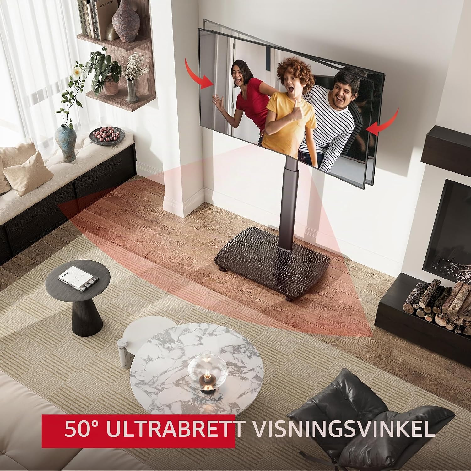Detalle de AOKCOS FTC1607AWB-EU TV-golvstativ med hjul, träbas och justerbar höjd