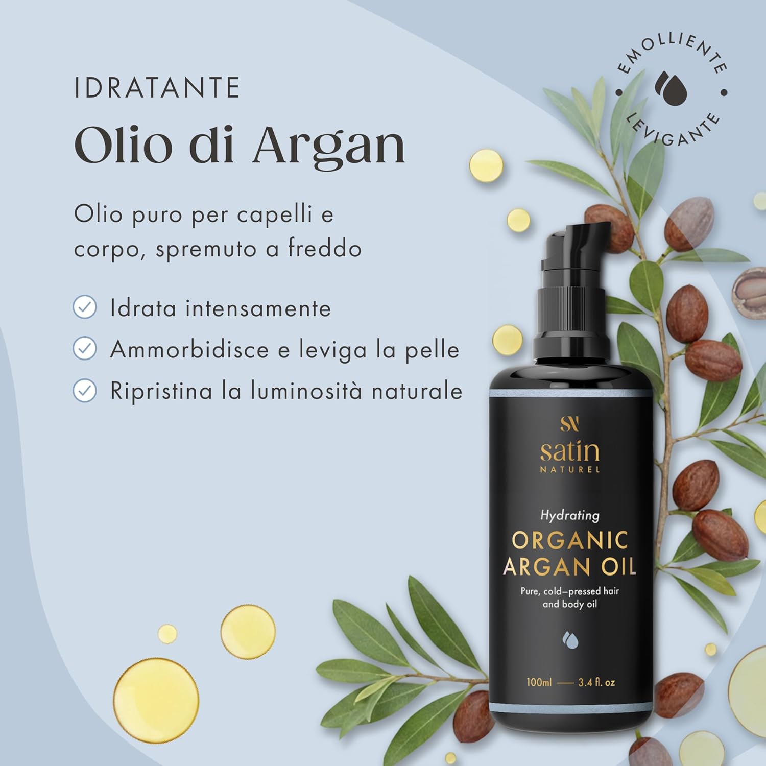 Detalle 2 de Olio di Argán Bio Satin Naturel 100 ml – 100% Olio Puro spremuto a freddo
