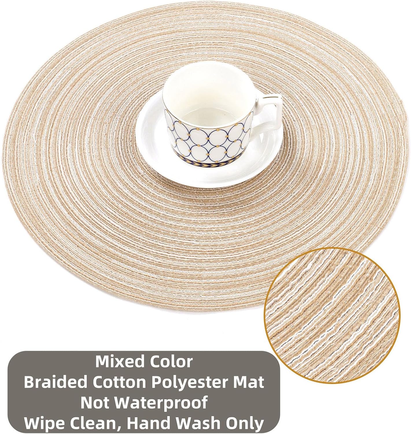 Thumbnail 1 de SHACOS 38cm Round Placemats Set of 6 – Braided woven, beige heat-resistant table mats