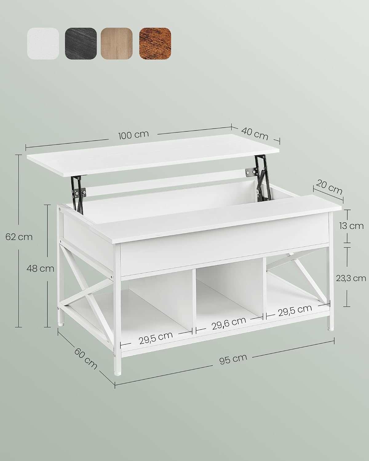 Detalle de VASAGLE LCT205W46 Lift-Top Coffee Table with Storage, Snow White and White