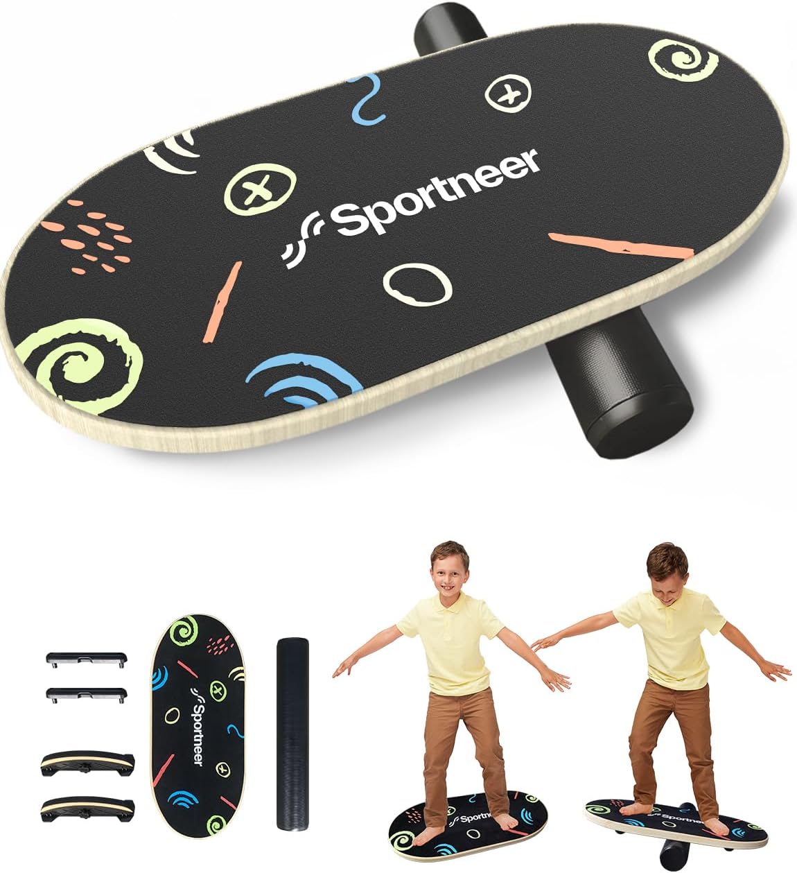 Sportneer Balance Board – Wobble Board für Kinder | Balance-Trainer mit verstellbaren Stoppern und Rollen