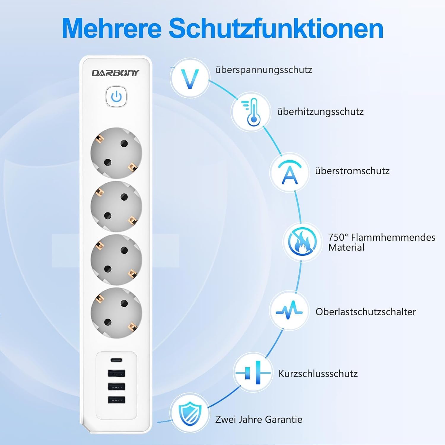 Thumbnail 2 de Steckdosenleiste 4 USB mit USB‑C, Wandmontage und Schalter – 3680 W / 16 A Mehrfachstecker mit Überspannungsschutz, 1,8 m, weiß