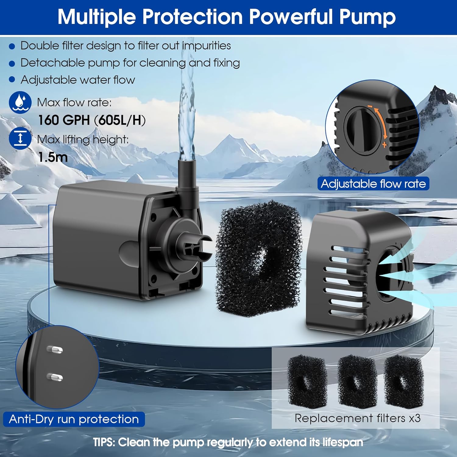 Thumbnail 4 de Biling 12W Solar Pond Pump – 160 L/H Fountain Pump with Dual Filtration, Anti-Dry Protection & 4 Nozzles