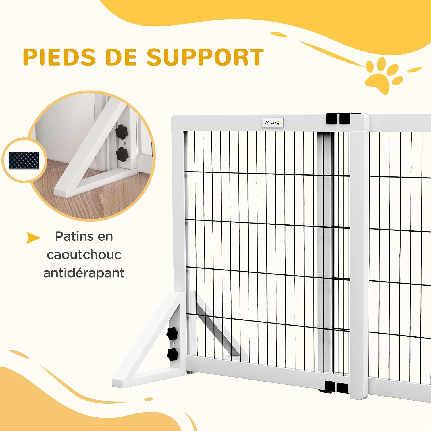 Detalle de PawHut Barrière de sécurité pour chien à 2 panneaux réglable 63-106 x 44 x 67 cm, bois de pin et acier, blanc