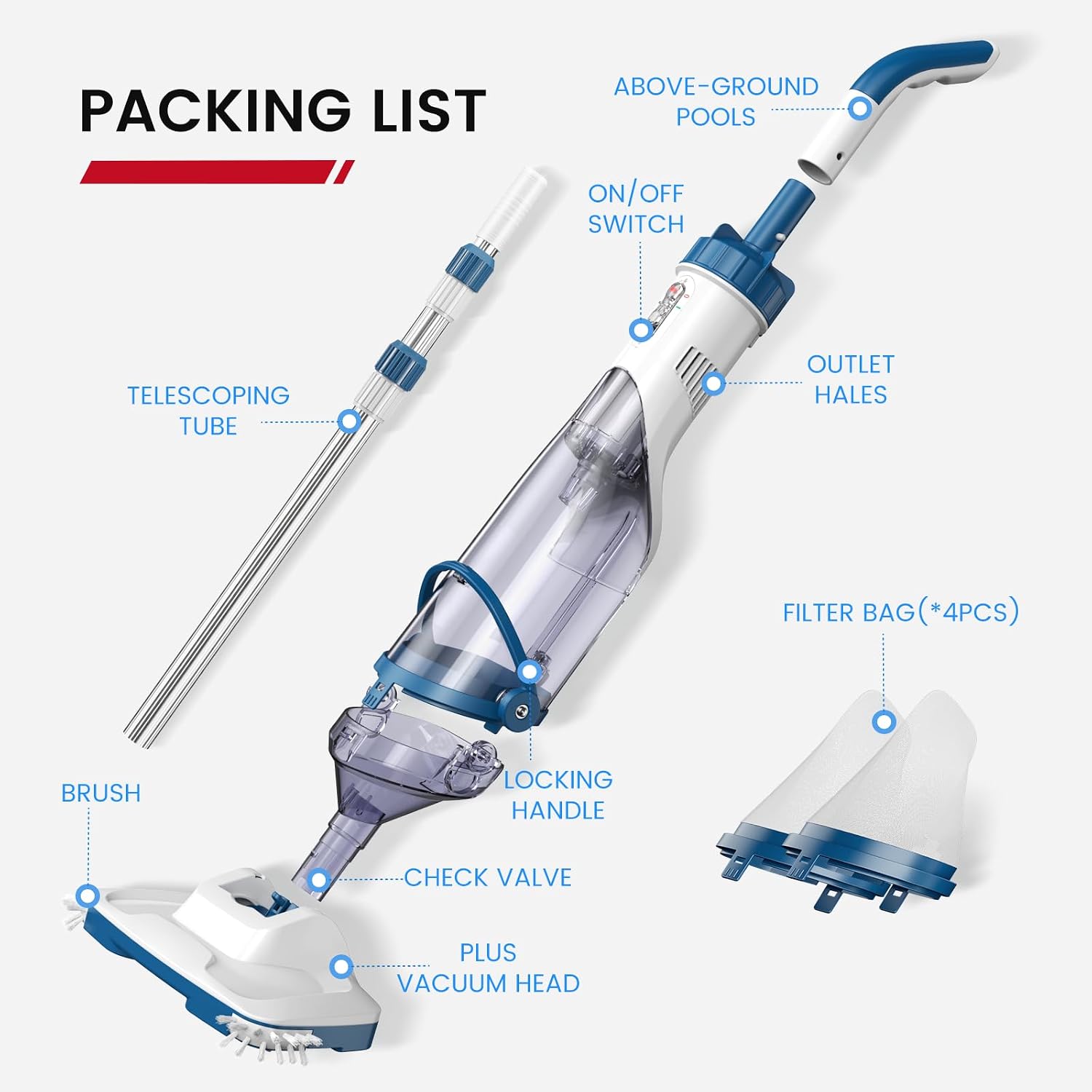 Thumbnail 6 de ENHULK Poolsauger Akku 2025 – 34 cm Kopf, bis zu 60 Min., 4200 L/H, Teleskopstange