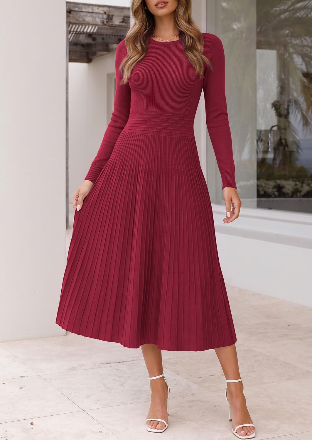 Detalle de PRETTYGARDEN Women's Long-Sleeve Knit Sweater Dress, Pleated A-Line