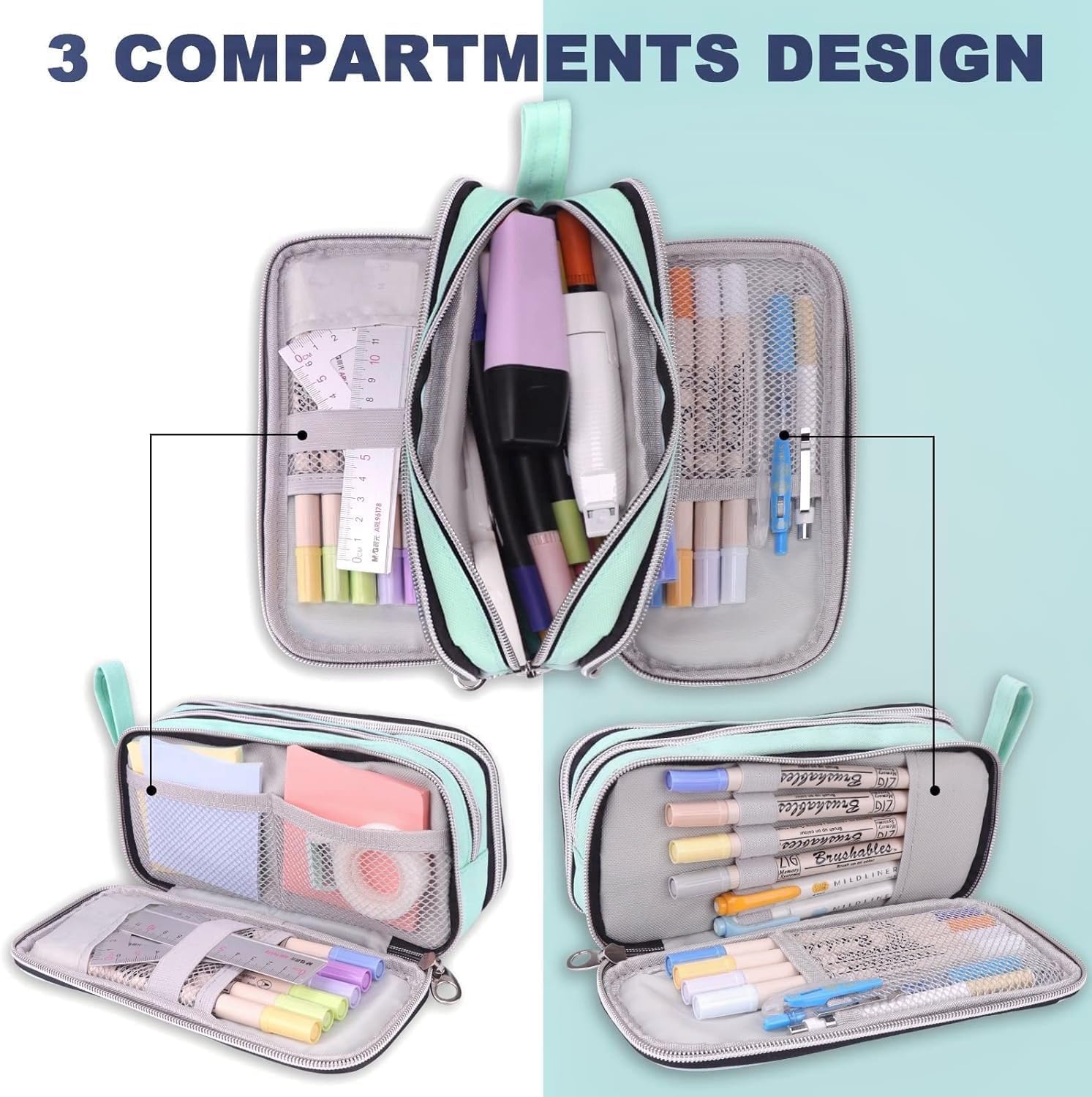 Thumbnail 3 de COLOCASTLE Trousse Scolaire à 3 compartiments — Grande capacité, Vert Menthe