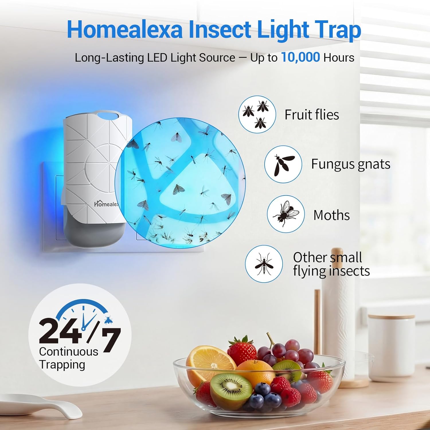 Detalle de Homealexa Fruit Fly Trap Indoor (Plug-in LED UV Fly Catcher) with 1 Device + 6 Refills