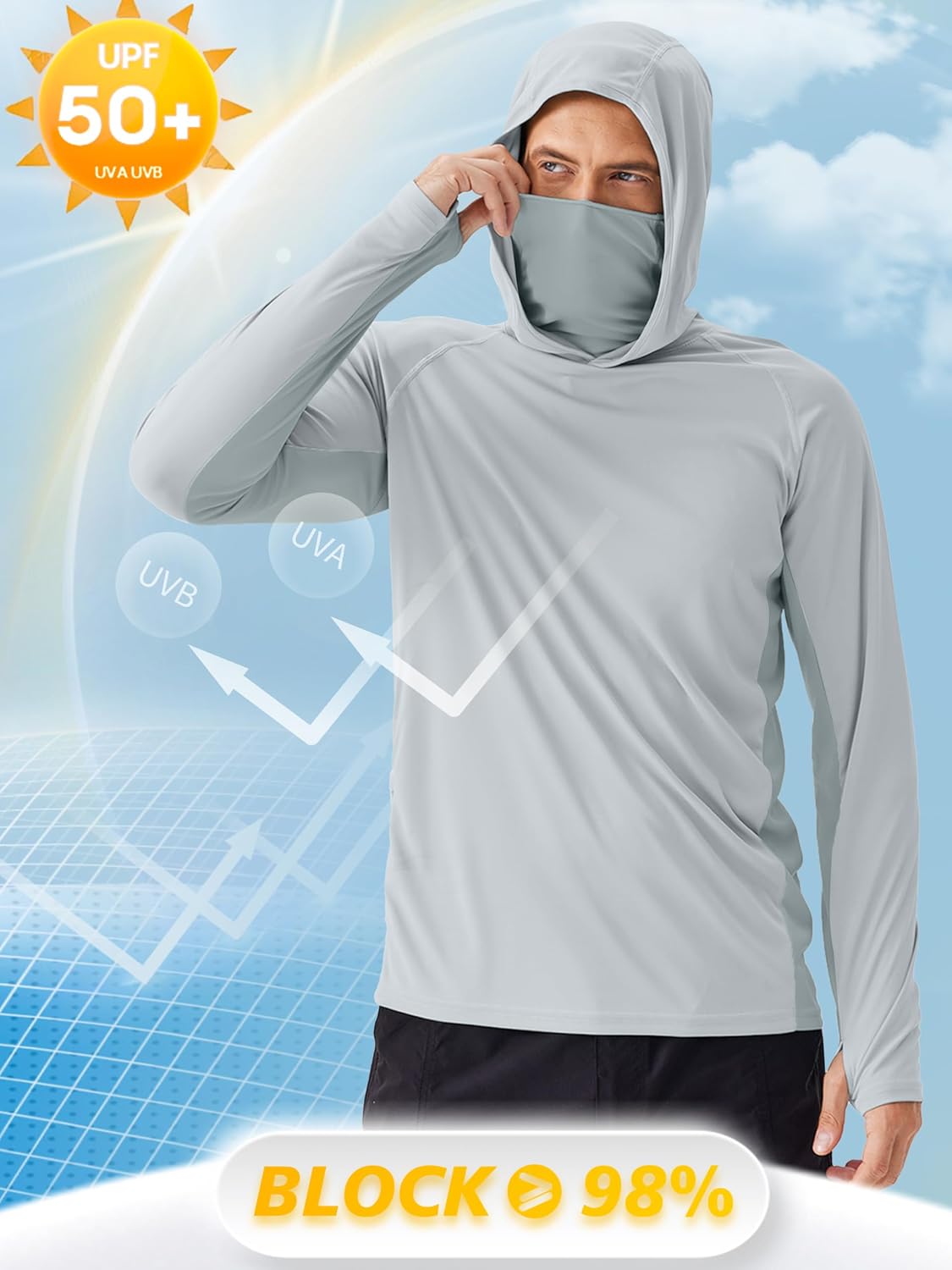 Detalle de PINSPARK Men’s Sun Protection Hoodie with Mask UPF 50+ Long Sleeve Shirt for Fishing, Hiking & Outdoor Wear
