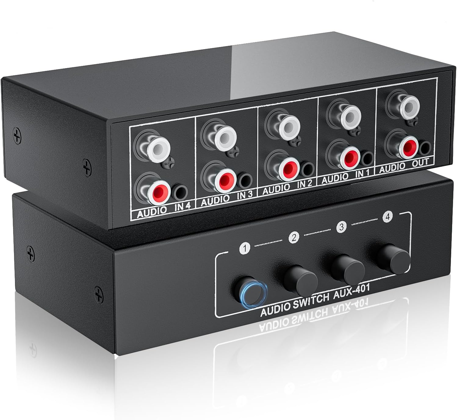 4-Way RCA L/R & 3.5mm Stereo Audio Switcher – Bi-Directional Passive 4x1/1x4 Audio Switch (No Power, 4 Buttons)