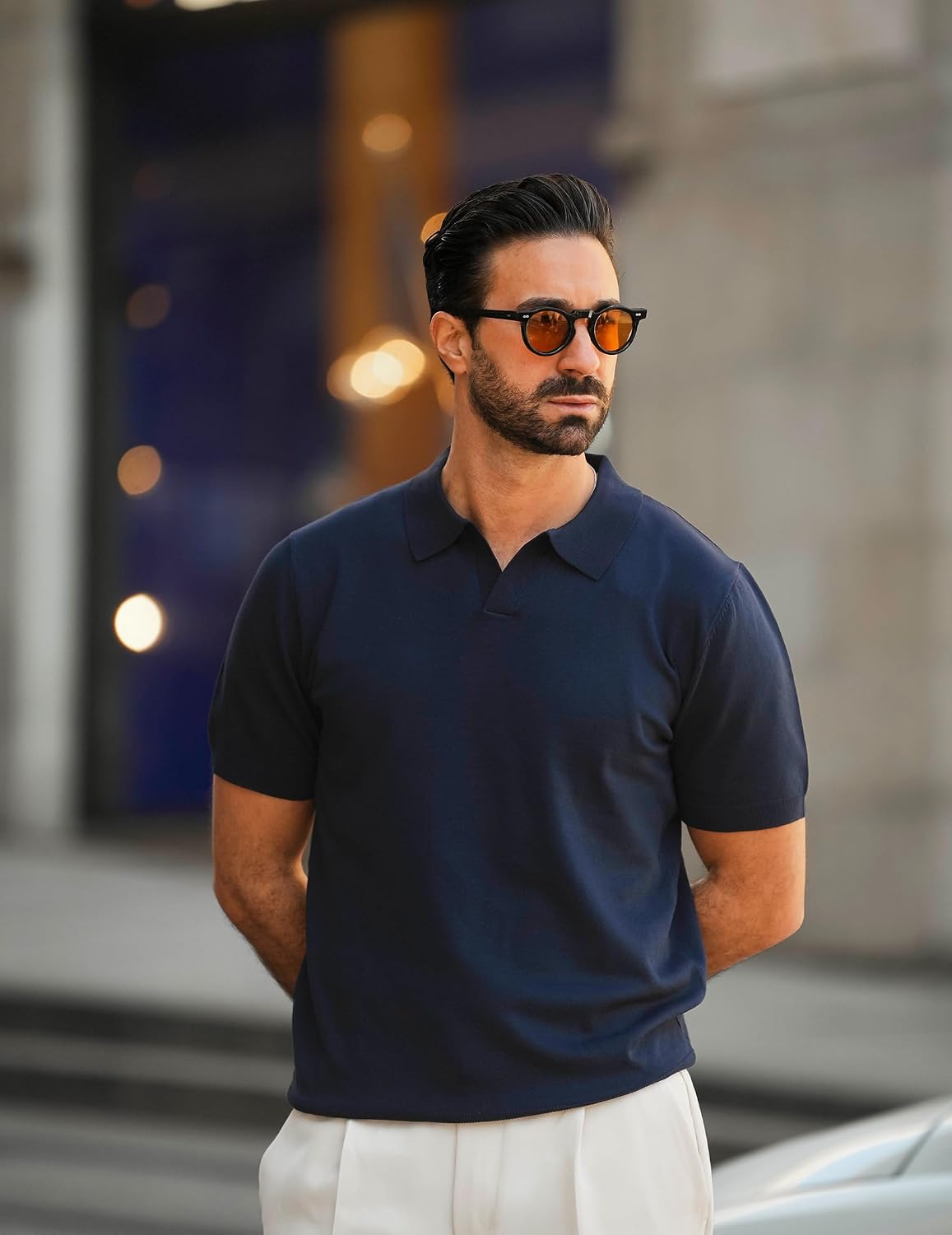 Detalle de COOFANDY Men's V Neck Short Sleeve Stretch Knit Polo Shirt