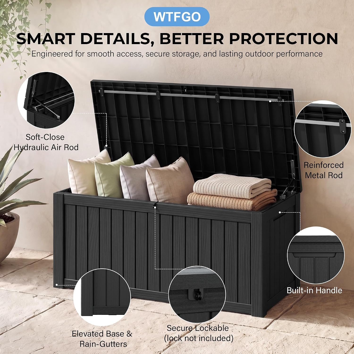 Detalle de WTFGO 160-Gallon Outdoor Storage Box, Waterproof Black Resin Deck Box