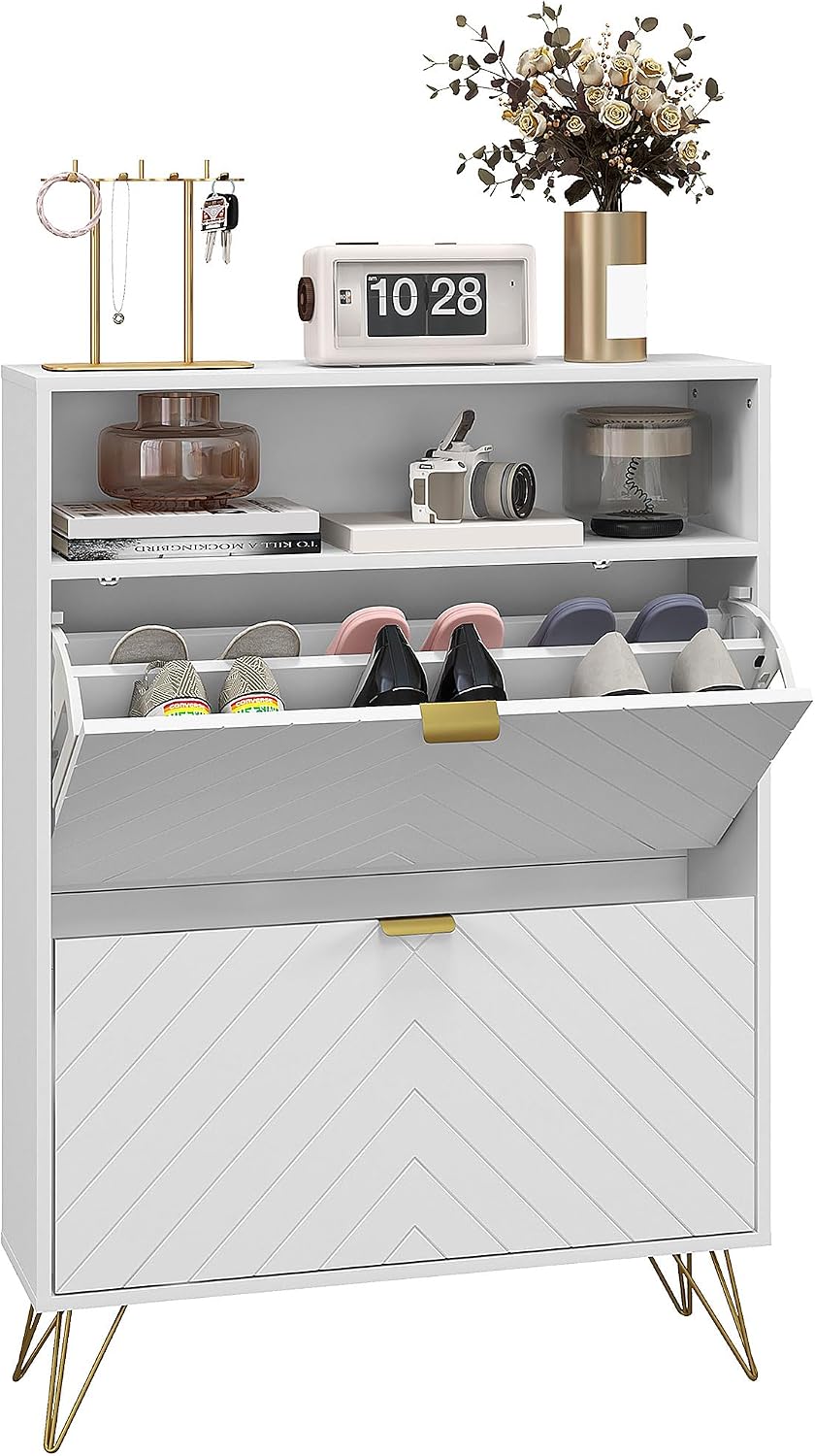 Detalle de HOMCOM 837-445V81WT Narrow Shoe Cabinet, 2 Flip Drawers, Adjustable Shelves