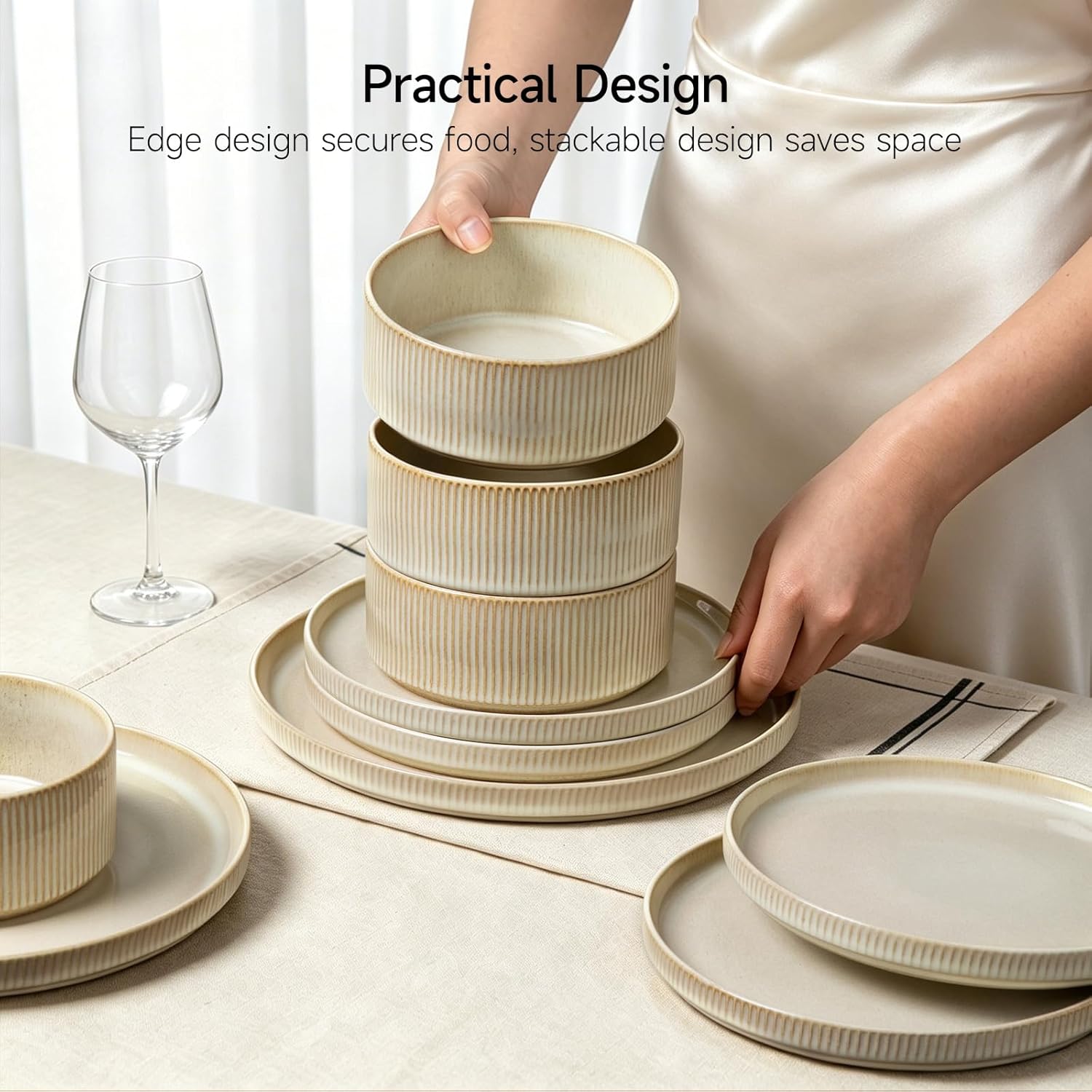 Thumbnail 5 de ALOFMO Stoneware Dinnerware Sets — 12-Piece Ribbed Dinnerware for 4 in Beige