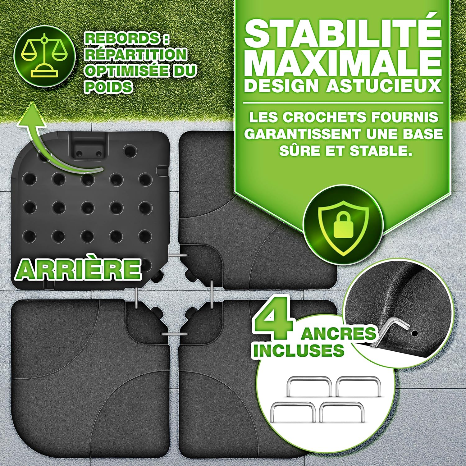 Thumbnail 4 de Pied de parasol déporté tillvex – 4 dalles carrées lestables 60 L ou 80 kg, avec connecteur métallique (noir)