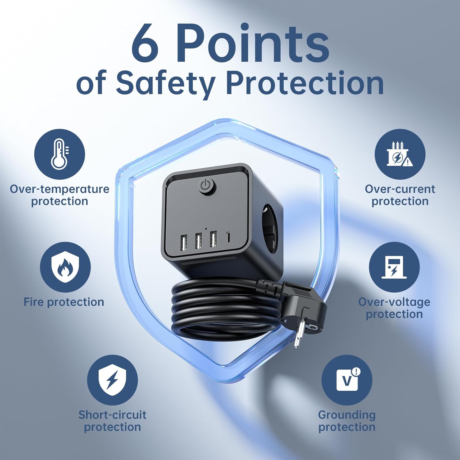 Thumbnail 3 de KEMELO Steckdosenwürfel mit USB 7 in 1 – 7,4 cm kompakt, 2 m Verlängerungskabel und schaltbarer Save-Energy-Schalter