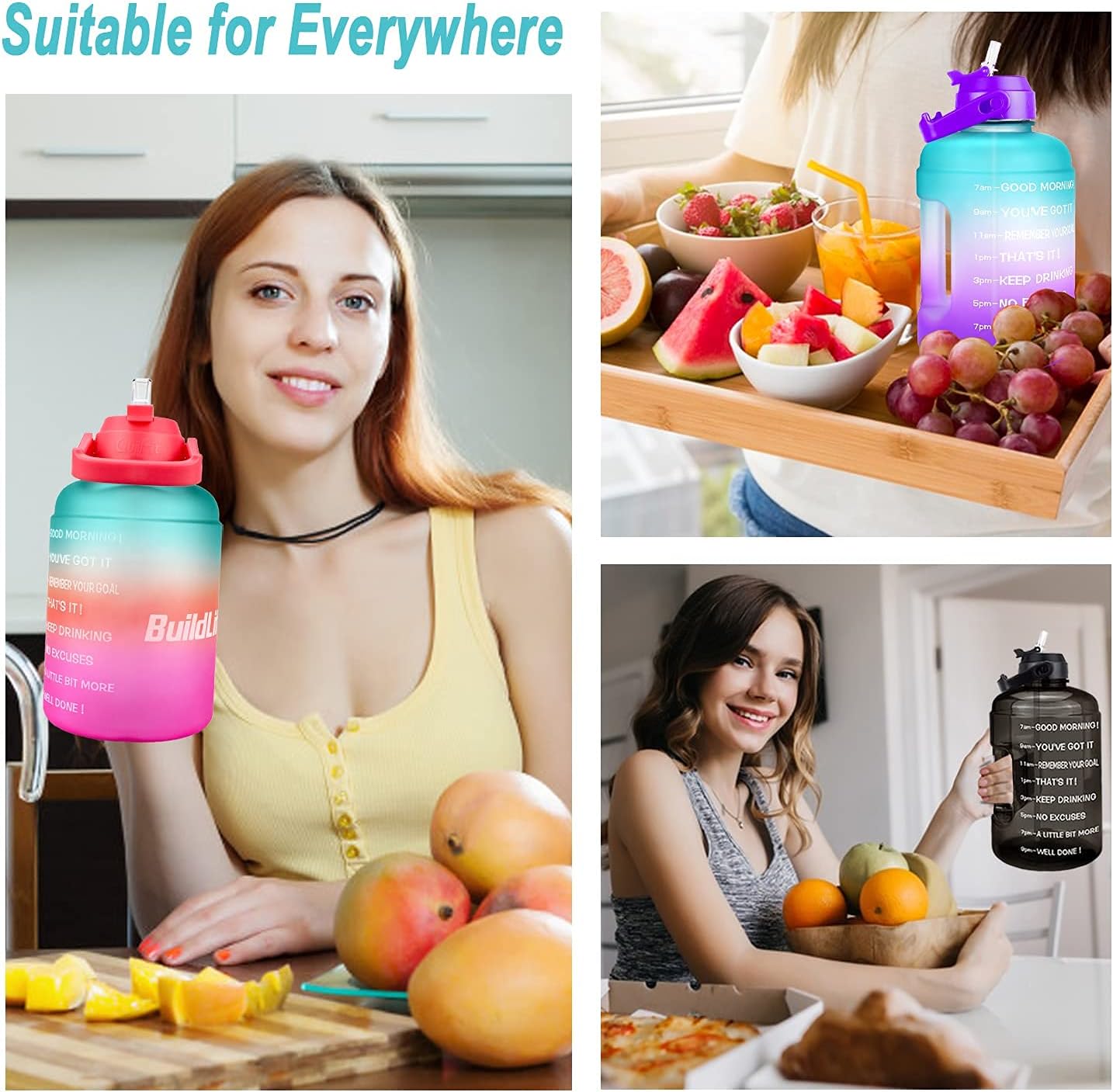 Thumbnail 4 de BuildLife 2.2L Motivational Water Bottle with Straw, Time Marker & BPA-Free (Green-Pink)