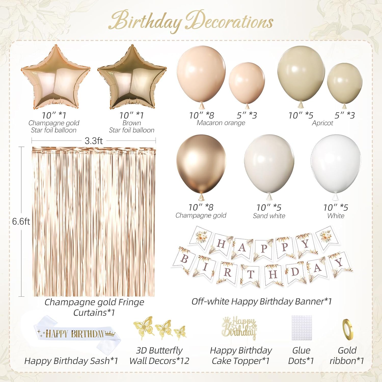 Thumbnail 2 de Geburtstagsdeko Beige Champagner Gold Set mit Happy Birthday Banner, Schärpe, Luftballons & Deko-Vorhang