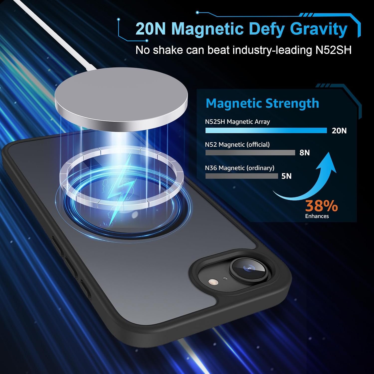 Detalle de TQIAHF Cover Magnetica per iPhone 16e/17e con 2 Pellicole in Vetro Temperato – Nero