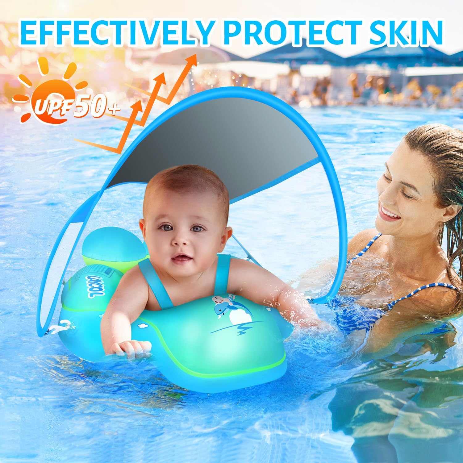 Detalle de Upgraded No Flip Over Baby Pool Float with Sun Canopy (Blue, 6-36 Months, UPF50+)