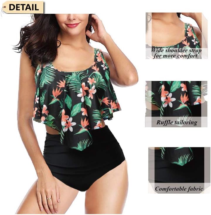 Detalle de Aidotop Maillot de bain femme 2 pièces vintage à volants, taille haute et dos nu (bikini floral)