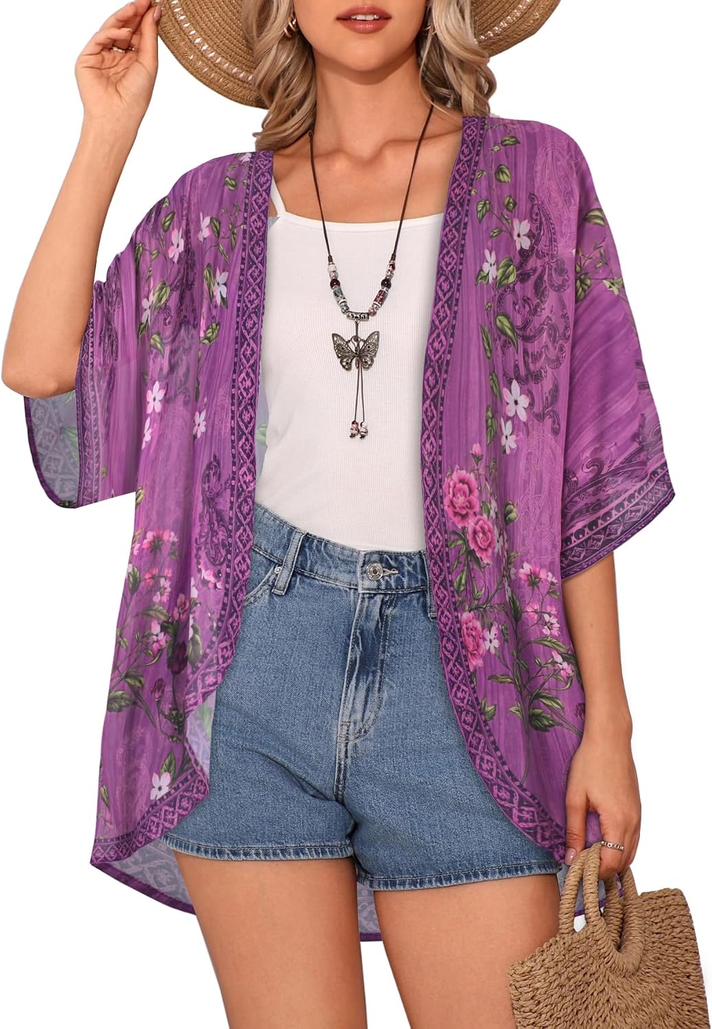 Detalle 2 de CHICALLURE Floral Chiffon Kimono Cardigan, Sheer Open-Front Cover-Up
