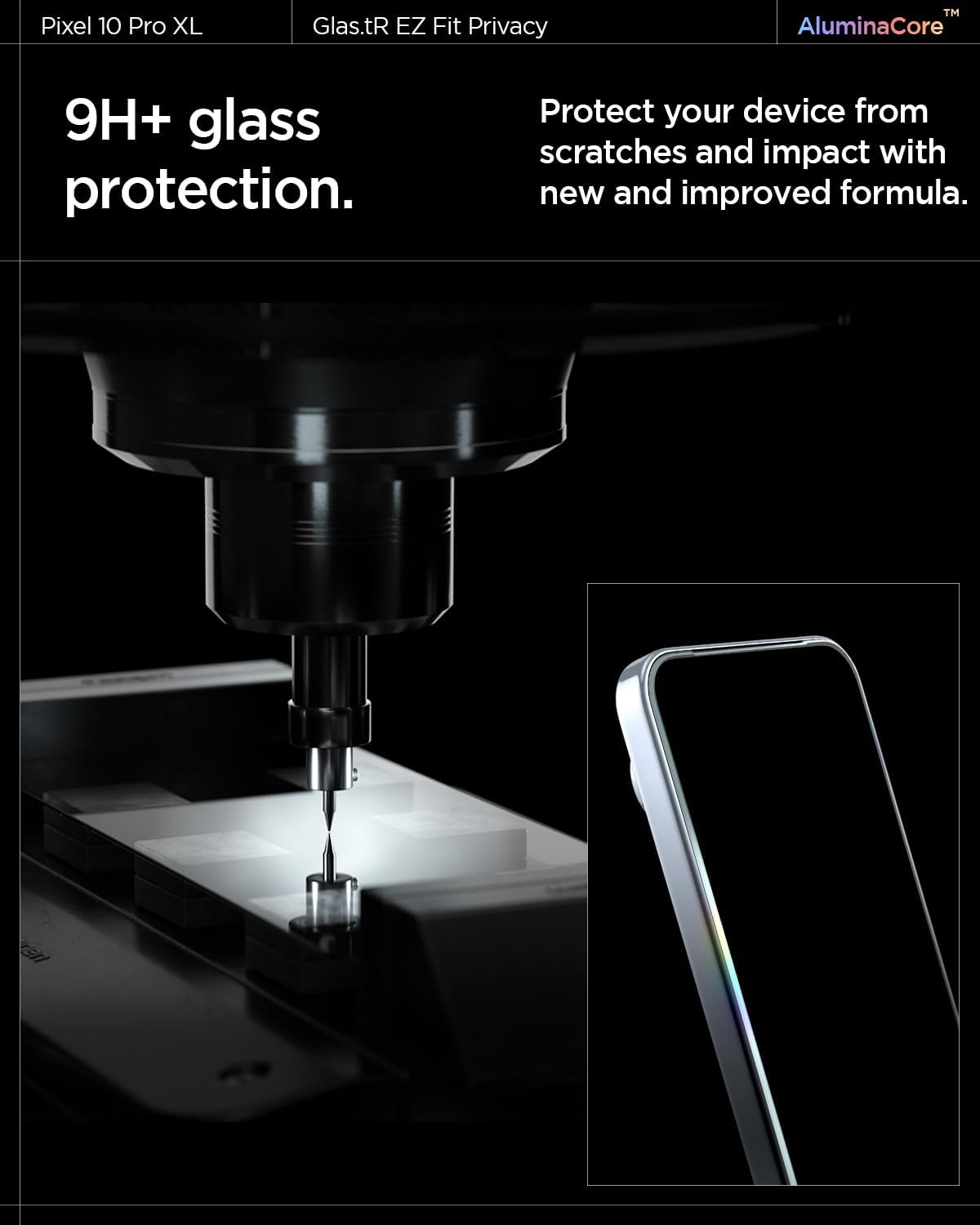 Detalle de Spigen Glas.tR EZ Fit in vetro temperato anti-spia per Google Pixel 10 Pro XL e Pixel 9 Pro XL (2 pezzi)