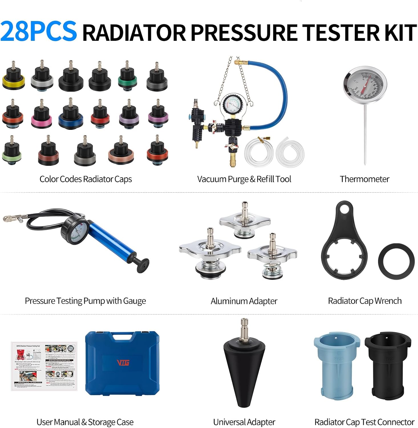 Detalle de Coolant pressure tester and vacuum refill kit, 28-piece set
